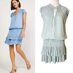 NWT Current Air zoey pleat tiered mini dress blue green sz M light sky blue